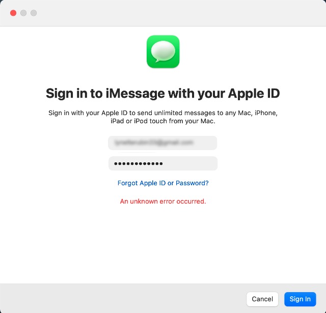 An Unknown Error Occurred - iMessage on Mac